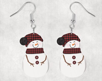 Red Black Plaid Snowman with Beanie Shaped Hardboard Lightweight Earrings