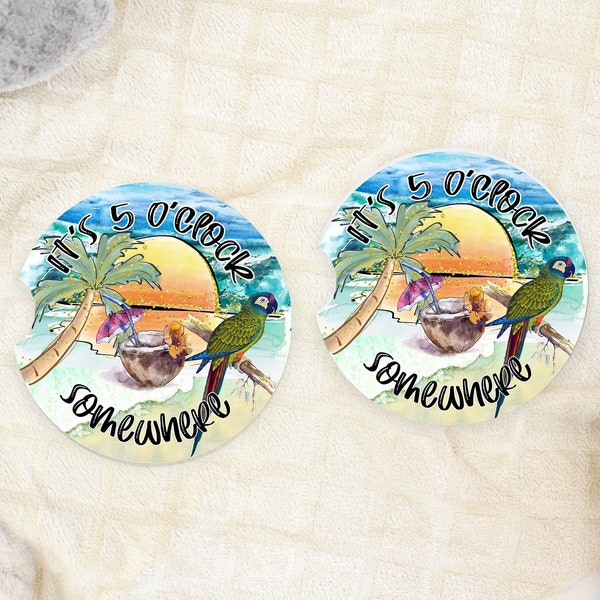 Parrot Palm Trees Coconut Beach Scene Five O'Clock Car Coasters set of two