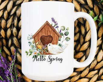 Hello Spring Birdhouse Bird Floral Mug
