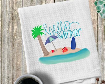 Hello Summer Beach Scene Waffle Weave Towel