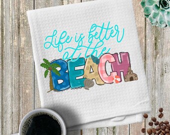 Life is Better at the Beach Summer Palm Tree Sand Castle Sea Shells Waffle Weave Towel