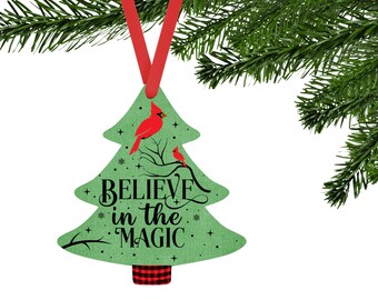 Believe In the Magic Cardinals Christmas Tree Shaped Hardboard Ornament