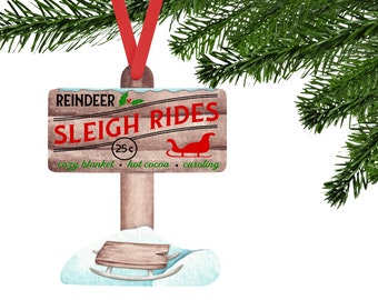 Sleigh Rides Reindeer Sled Cozy Blanket Hot Cocoa Caroling Winter Sign Shaped Hardboard Ornament
