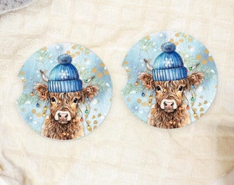Blue Hat Highland Cow Car Coasters Set of 2