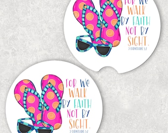 For We Walk By Faith Not By Sight Flip Flops Sunglasses 2 Corinthians 5:7 Bible Verse Car Coasters set of two