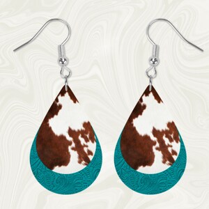 Teardrop Teal Red or Brown Leather Look Cowhide Print Teardrop Shaped Hardboard Lightweight Earrings
