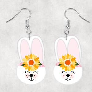 White Bunny Yellow Flower - Bunny Head Shaped Hardboard Lightweight Earrings