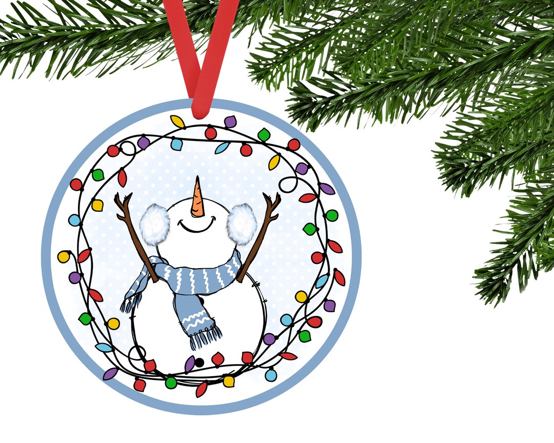 Snowman Lights Christmas Lights Farmhouse Round Hardboard Ornament Etsy