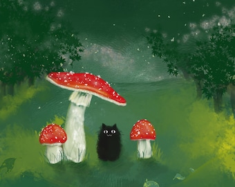 Postcard with envelope "Kitten among mushrooms"