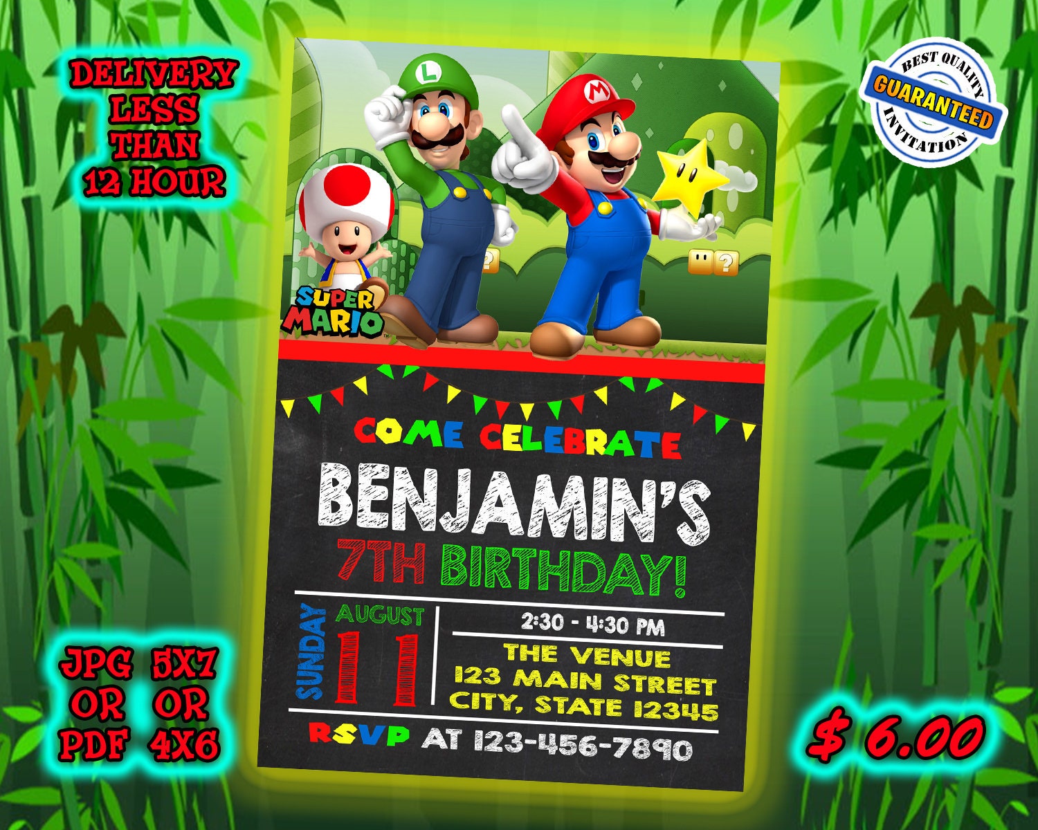 KIDS BIRTHDAY INVITATIONS Super Mario Birthday Card Etsy