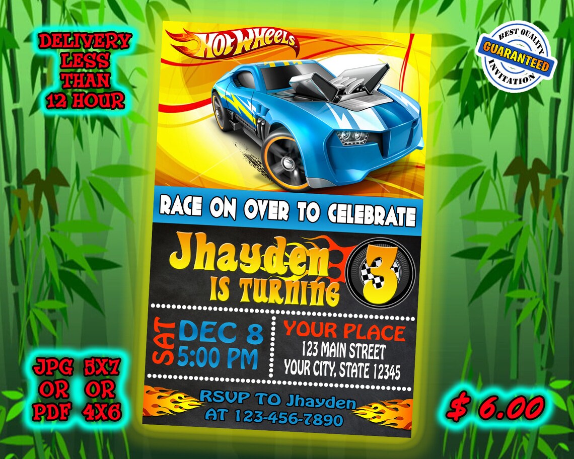 KIDS BIRTHDAY INVITATIONS Hot Wheels Birthday Hot Wheels | Etsy