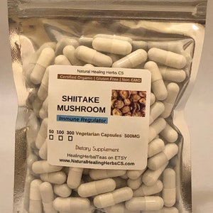 Shiitake ~ Healing Herbal Teas, Certified Organic, Mushroom Capsules 500mg ( 50-300 capsule sizes available)