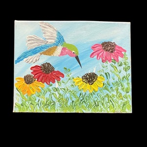 Hummingbird feeding on cone flowers. Original acrylic impasto painting on stretched canvas 8 x 10