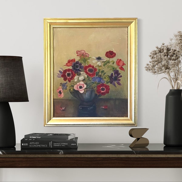 Oil painting, floral painting, still life original, mid century art, canvas board