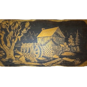 Large Wood Engraving, Gristmill • waterscape 31.5 x 15.5 x .75. Artist signed B R