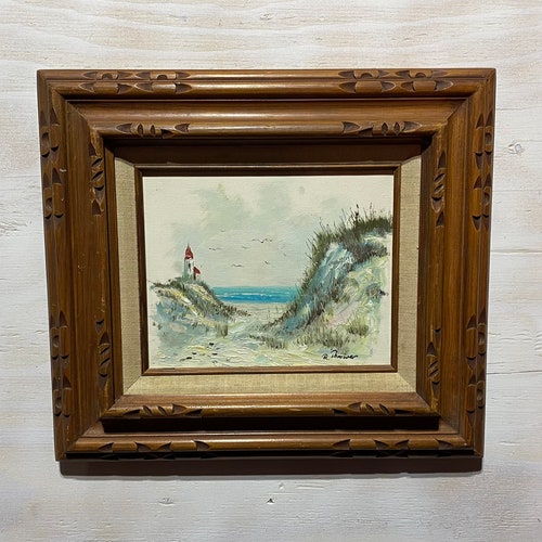 Vtg oil painting, beach scape, R Thrower, ornate carved shops wooden frame. 17 x 15