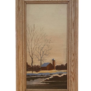 Oil Painting, Vintage, Mid Century, Landscape, Winter Farm Scene, Wooden Framed