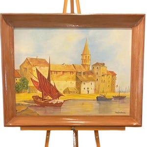 1960’s, Oil Painting, Mediterranean, Coastal Scene, Wooden Framed , Artist Signed