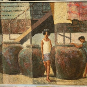 Martin Zippin Painting: Boy and Girl with Pottery, Framed Oil on Burlap (28x20)