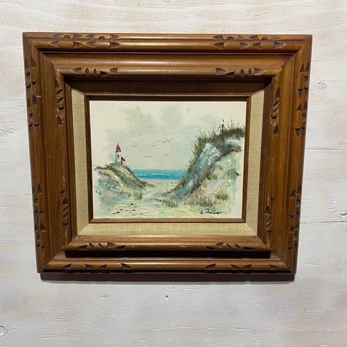 Vtg oil painting, beach scape, R Thrower, ornate carved shops wooden frame. 17 x 15