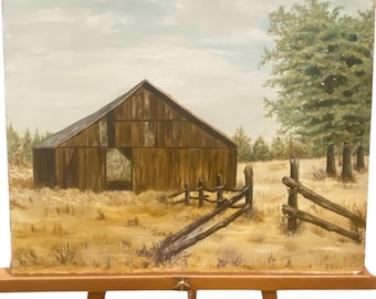 Vintage Painting, Rustic Barn, Landscape, Wooden Barn, Farm Scene, circa 1960 , Artist Signed