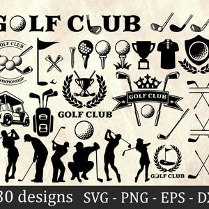 Puede incluir: Diseños gráficos en blanco y negro con temática de golf. Incluye pelotas de golf, palos, siluetas de golfistas y texto que dice "GOLF CLUB" y "CHAMPIONSHIP". La imagen también incluye el texto "30 designs SVG - PNG - EPS - DXF".