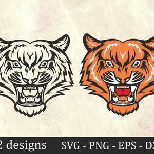 Puede incluir: Dos diseños de cabeza de tigre. Uno es un contorno en blanco y negro, el otro es naranja, negro y rojo. Ambos diseños muestran un tigre rugiendo con los dientes descubiertos. La imagen incluye el texto "2 designs SVG - PNG - EPS - DXF."