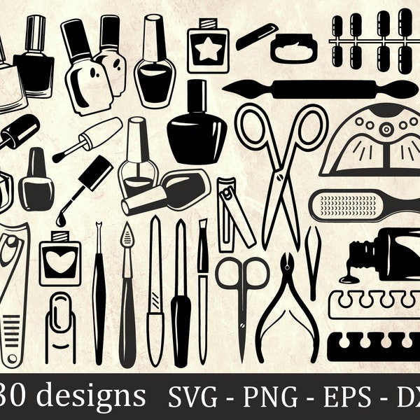 Paquet de vernis à ongles, Clipart de manucure, Vernis à ongles svg, outils de manucure, Vernis à ongles Cricut Silhouette Cut File, Bouteille de vernis à ongles Svg