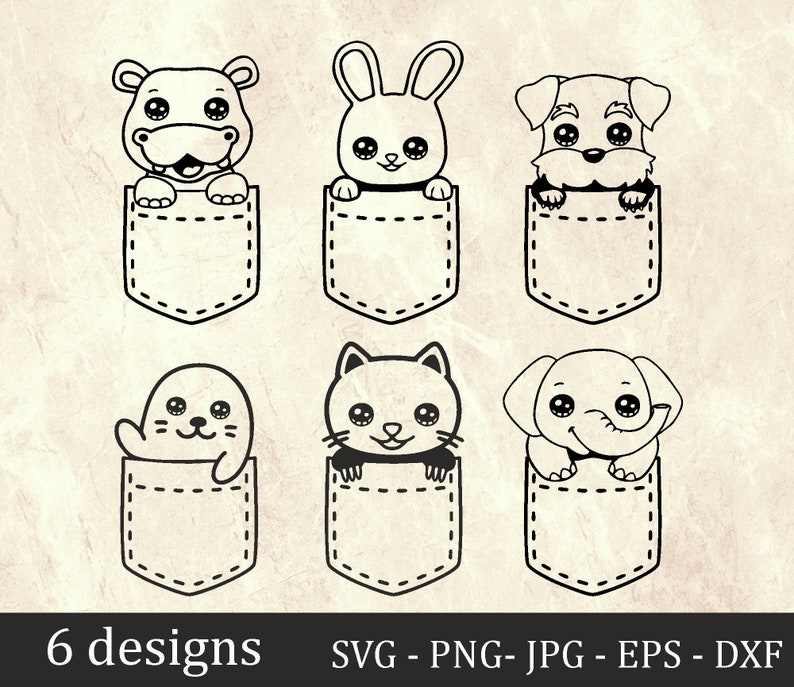 May include: Black and white line art of six different animals peeking out of pockets. The animals include a hippo, rabbit, dog, seal, cat, and elephant. The text "6 designs" is at the bottom.