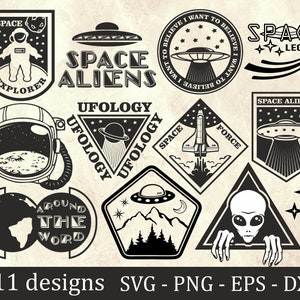 May include: A collection of eleven black and white space-themed designs, including astronauts, UFOs, and the text "Space Aliens" and "Space Explorer". The designs are available in SVG, PNG, EPS, and DXF formats.