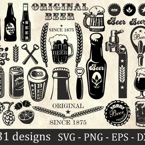 Puede incluir: Una colección de diseños en blanco y negro con temática de cerveza, que incluye botellas, latas, jarras, abridores y elementos decorativos. Se muestran las palabras "Original Beer" y "Since 1875". La imagen también incluye el texto "31 designs SVG - PNG - EPS - DXF".