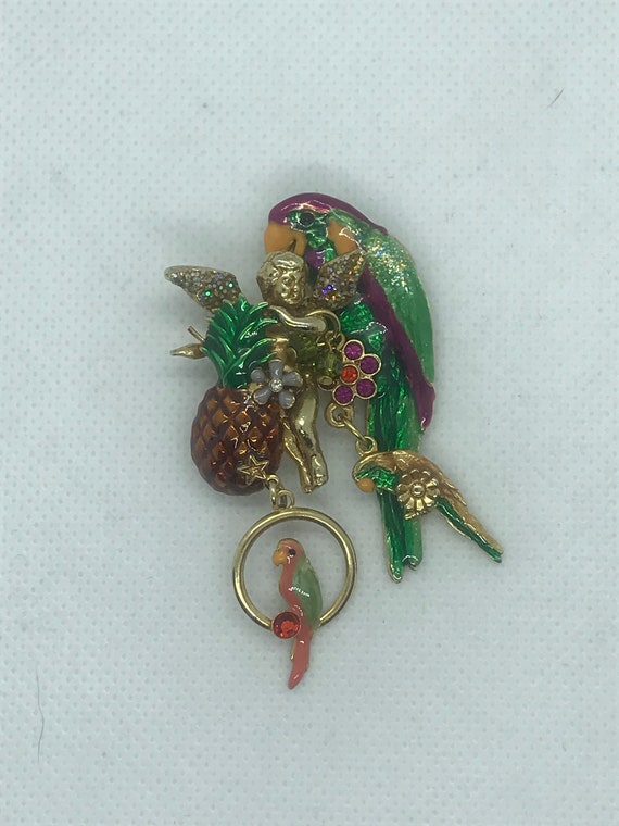 Vintage Kirks Folly Green Parrot Brooch With Angel