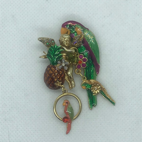 Vintage Kirks Folly Green Parrot Brooch With Angel Pineapple & Dangle Bird Charms