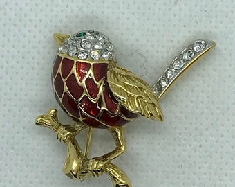 Attwood Sawyer Vintage Robin Brooch Swarovski Crystal 22ct Gold Plated Green and Blue Enamel. Signed. Etsy India