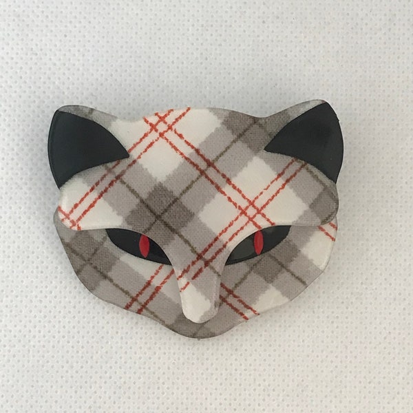 Lea Stein “Attila” Cat Face Brooch - Check / Tartan Pattern