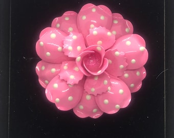 Classic Joan Rivers Pink & White Polka Dot Large Flower Brooch Pin