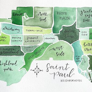 Saint Paul Minnesota Neighborhoods Map, Watercolor, 9x12