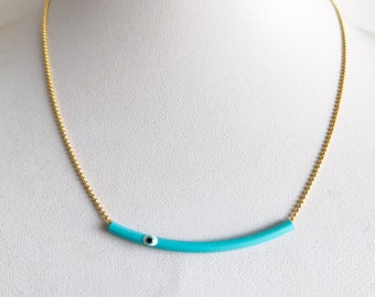 Enamel Tube Evil Eye Necklace, Dainty Bar Necklace, Layering Jewelry, Curved Bar Necklace, Minimalist Geometric Necklace, Smiling Necklace