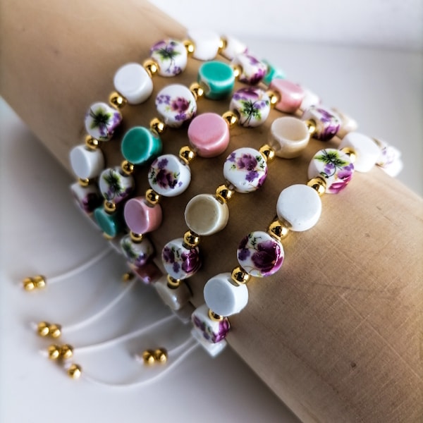 Ceramic Bracelet, Beaded Romantic Bracelet, Cute Flower Bracelet, Round Wristband, Friendship Bracelet, Macrame Closure, Bohemian Bracelet