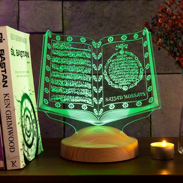 Sourate du Coran avec nom, Ayatul Kursi, décoration du ramadan, Eid Mubarak, lampe personnalisée, décoration de chambre islamique, veilleuse, cadeau à un ami musulman