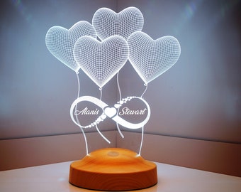 Lampe LED illusion 3D personnalisée, cadeau d'anniversaire pour lui ou elle, veilleuse personnalisée symbole de l'infini, décoration d'intérieur romantique, lampe pour chambre à coucher