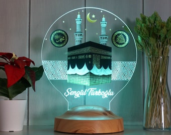 Lampe de nuit Kaaba avec nom, décoration de chambre islamique, cadeau pour ami musulman, lampe de La Mecque personnalisée, veilleuse à changement de couleur, Eid Mubarak