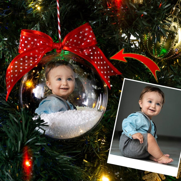 Décoration photo premier Noël de bébé, boule de Noël personnalisée, grosse boule de Noël transparente de 10 cm avec neige déco, cadeau souvenir de famille personnalisé