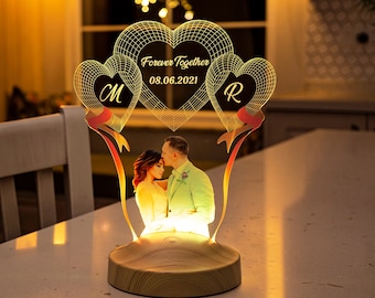 Engraved Lamp With Photo, Custom Photo Night Light, Engagement Gift Couple,Personalized Led Lights Bedroom Decor,Valentines Gift For Her,