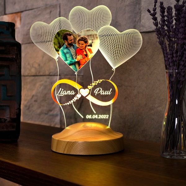 Cadeau pour elle Veilleuse 3D gravée avec photo, lampe photo personnalisée, cadeau de fiançailles pour couple, cadeau d'anniversaire personnalisé, cadeau de Saint-Valentin