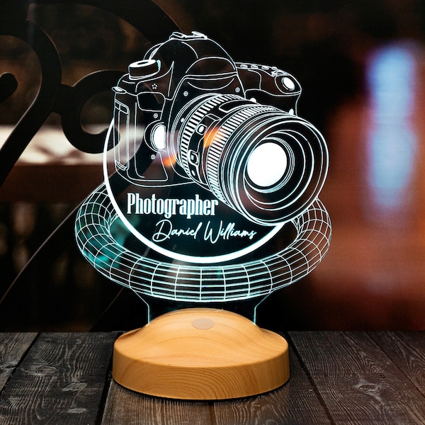 Lampe à LED acrylique pour appareil photo comme cadeau de photographe, lampe illusion 3D pour les amateurs de photographie et les artistes, parfaite pour le studio de photographie