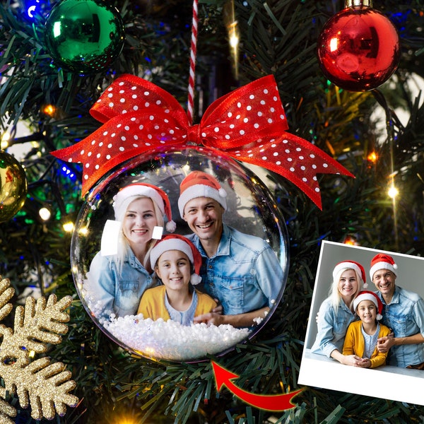 Benutzerdefinierte Foto Weihnachtskugel Ornament, große transparente Kugel mit dekorativem Schnee, personalisierte Urlaub Dekor, Familienandenken, Weihnachtsgeschenk