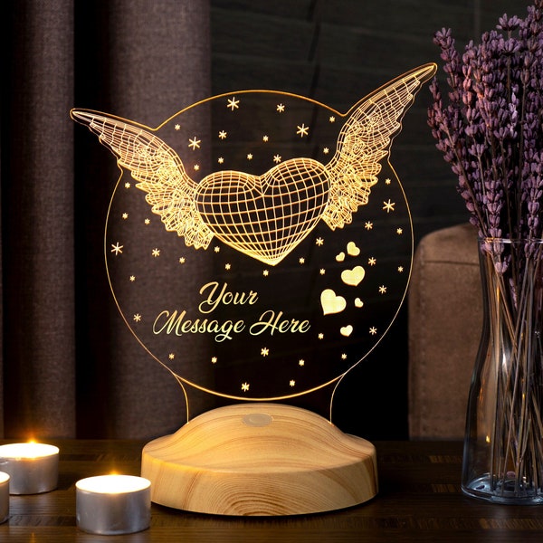 Lampe LED 3D coeur avec ailes, cadeau fête des mères, cadeau personnalisé avec nom, veilleuse, cadeau de fiançailles pour couple, cadeau pour elle