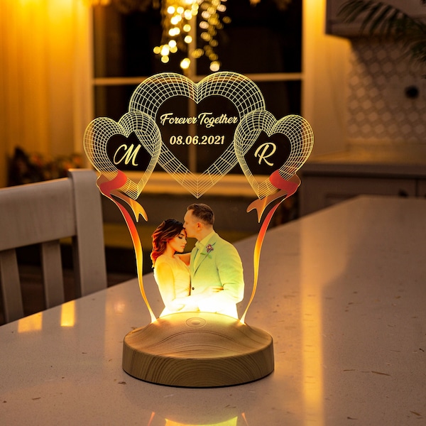 Valentinstagsgeschenk für sie, gravierte Lampe mit Foto, benutzerdefinierte Foto-Nachtlicht, Verlobungsgeschenk Paar, personalisierte LED-Leuchte Schlafzimmerdekor