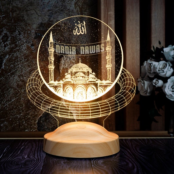 Lampada 3D con decorazione moschea con nome, decorazione della camera islamica, regalo Ramdan per gli amici, decorazione Ramadan, lampada notturna personalizzata con cambio colore